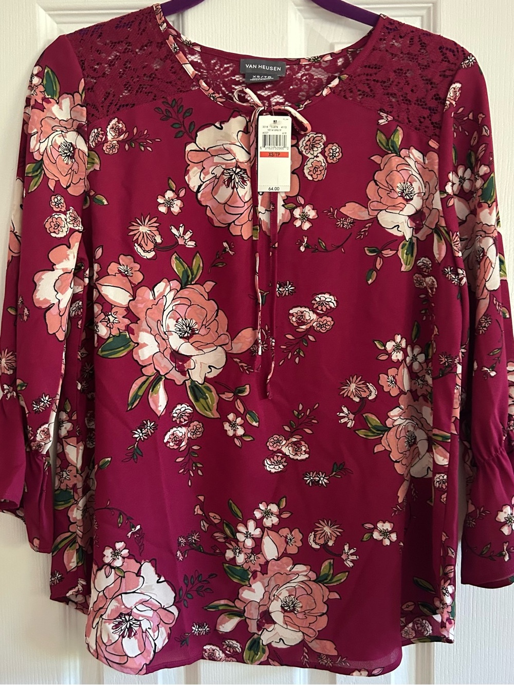 Van Heusen Raspberry Floral Tie-Keyhole Blouse NWT Lace Accents